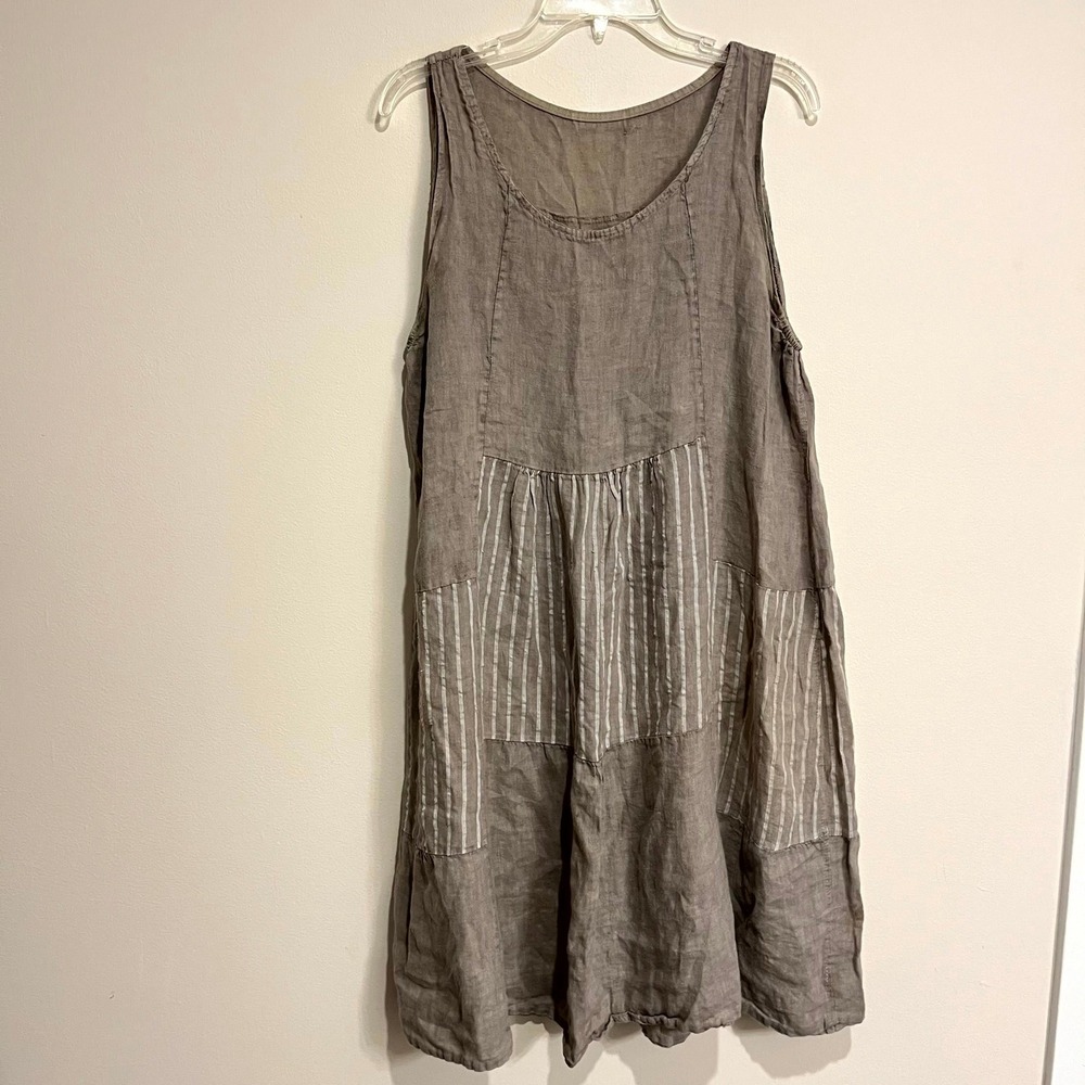 Unbranded Linen Midi Dress Brown Patchwork Stripe Women Size Large